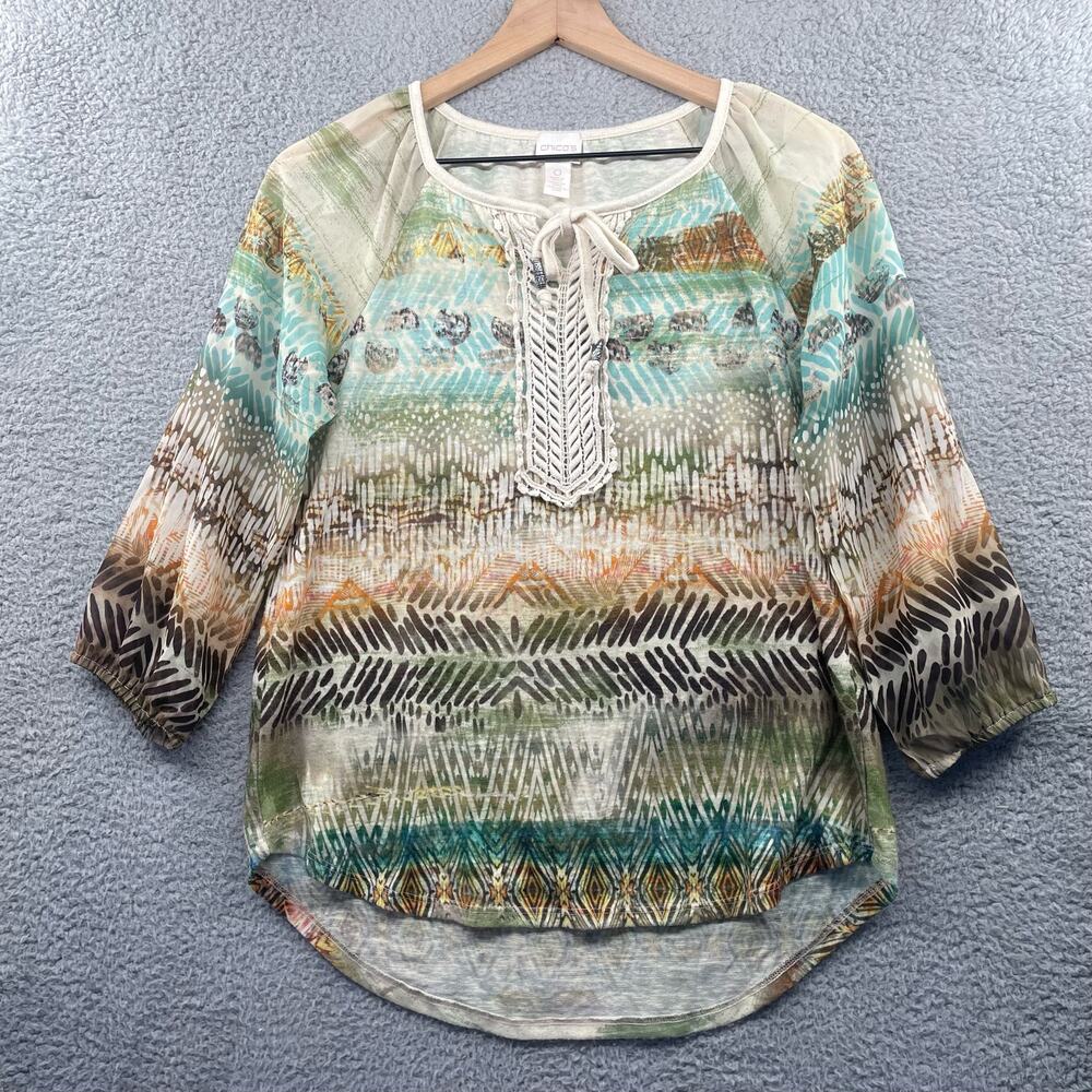 CHICO'S Boho Top Women's 0 Small Abstract Artsy Print Casual Lightweight